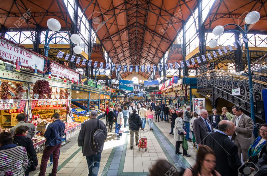 BUDAPEST / HUNGARY - APRIL 12: interior of the Great Market Hall (Nagycsarnok) on April 12, 2014 in Budapest/Hungary